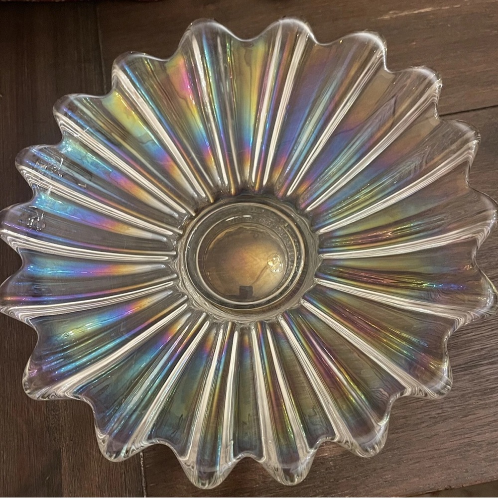 Vintage Federal Glass Celestial Iridescent Clear Glass Scalloped Centerpiece Bow